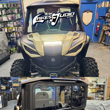 Front and rear views of an all-terrain vehicle in a shop setting.