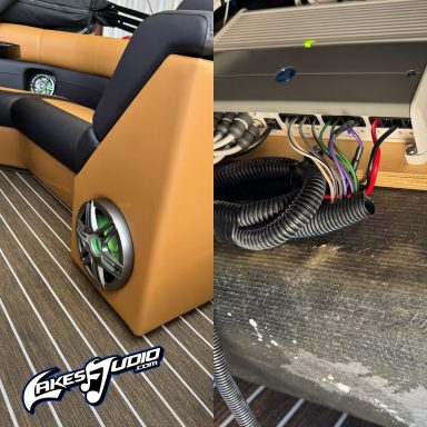 Close-up of a boat interior showing seating and exposed wiring.