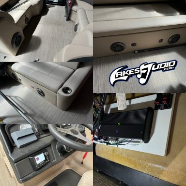 Interior view of a vehicle showing the dashboard, seats, and audio system.