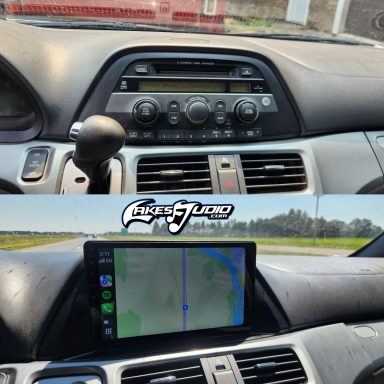 Comparative view of a car dashboard, featuring an old audio system and a modern navigation display.
